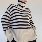 Naiste kaelusega triibuline kampsun Preppy stiilis kootud pullover, pikkade varrukatega soe topp Lihtne vabaaja s&auml;rk, naiste s&auml;rk S must