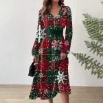 Naiste s&uuml;gis- ja talvine vabaajamoe V-kaelusega pikkade varrukatega j&otilde;ulutr&uuml;kiga pikk kleit XXL punane