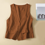 Vintage vest suvine s&uuml;gav V-kaelus soliidne vabaaja varrukateta topid Puuvillane linane &otilde;huke &uuml;ler&otilde;ivaste vest mantel L pruun