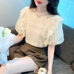 Elegantne Vintage puhvvarrukatega s&auml;rk naistele Suvised topid Slim Fit pitsiga &uuml;hendatud vabaaja pluus naistele Mood Lihtne &uuml;mara kaelusega naiste pluus 24451 S aprikoosi