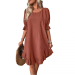 IHUASU Kevadsuvi naiste retro-puuvillasest linasest keskvarrukaga &uuml;mara kaelusega &uuml;hev&auml;rviline avara kandiga kleit S must