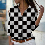 Mustvalge ruudumustriga naiste pluus kevad-s&uuml;gis Femme kontorileedi n&ouml;&ouml;bitav alla keeratava kraega s&auml;rk L