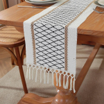 Boho Fall Table Runner Talumaja kottpuu puuvillane lauajooks tuttidega, kootud makraameest kodu elutoa lauakaunistus 30*160cm（11.8-63inch） must
