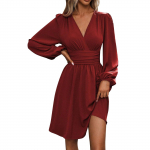 Women's new V-neck long sleeve ruffled waist dress L