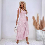 Naiste kevadsuvine V-kaelusega v&ouml;&ouml;koha pikk kleit lootoselehe varrukatega K&otilde;rge v&ouml;&ouml;kohaga vabaajakleidid L must