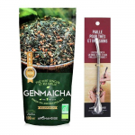 Th&eacute; vert Bio et riz complet Genmaicha 100 g + paille inox avec filtre