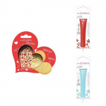 Kit pour biscuit en relief Coeur + 2 Stylos au chocolat rouge et bleu pastel