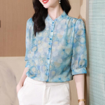 Naiste seitsme varrukaga &scaron;ifoons&auml;rk, moodne suvevarustus, avar lilleline s&auml;rk p&uuml;stise kraega top M helesinine v&auml;rv