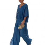 Naiste vabaaja kaheosaline &scaron;ifoonist komplekt, suvine V-kaelusega l&uuml;hikeste varrukatega laiade p&uuml;kste komplekt, avara puhkeriiete &uuml;likond 3XL sinine
