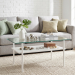 Moodne kohvilaud klaasist pealse ja MDF-riiuliga, valge metallraam, ristk&uuml;likukujuline, 2-tasandiline hoiuruum, valge puidu v&auml;limus - K45/L98/S58 cm 98 x 58 x 45 cm valge