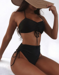 Naiste ujumisriided, mustad seksikad p&auml;itsed, k&otilde;rge v&ouml;&ouml;koht, pingutusn&ouml;&ouml;riga k&uuml;ljesidemega bikiinikomplekt S must