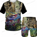 Meeste 3D Kala Prinditud Sport Kalap&uuml;&uuml;k Telkimine Kamuflaaž jahindus T-s&auml;rkide komplekt meeste riietele T&auml;navar&otilde;ivad Suures suuruses T-s&auml;rgid/l&uuml;hikesed p&uuml;ksid/&uuml;likonnad 2XL