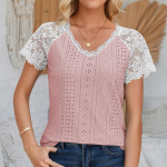 GMXIA naiste moe vabaaja suvine &uuml;hev&auml;rvilise tr&uuml;kiga pits&otilde;mblus l&uuml;hikeste varrukatega V-kaelusega lahtised pluusid ja s&auml;rgid S sinine