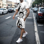 Suvine meeste kunstikomplekt Vabaaja 3D muusikas&uuml;mboliga tr&uuml;kk Peo t&auml;nav &uuml;mara kaelusega T-s&auml;rk L&uuml;hikeste varrukatega l&uuml;hikesed p&uuml;ksid Pol&uuml;ester 2-osaline komplekt 5XL