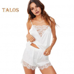 2 tk/komplekt naiste pidžaama komplekt pits Varrukateta lilltikandid spagetid rihmaga &uuml;laosa Elastne k&otilde;rge v&ouml;&ouml;kohaga Slim Fit l&uuml;hikesed p&uuml;ksid Kodur&otilde;ivad Vest Shorts Suvine komplekt 3XL valge