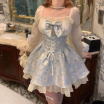 2023. aasta Jaapani stiilis Lolita printsesskleit Naiste peokleit Y2k Bandage Sinine Cosplay Kost&uuml;&uuml;mid Puhvvarrukatega Lint Bowknot Minikleit Size S(40-45kg) sinine