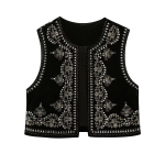 Vintage s&uuml;gise sametist tikitud vest Varrukateta jakk Naiste V-kaelusega &scaron;ikk vestid Naiste mood vestid mantel S must