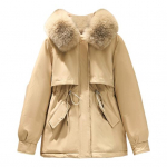 Talvine naiste jope karvane kapuuts Pikad varrukad polsterdatud pingutusn&ouml;&ouml;riga v&ouml;&ouml;taskud puuvillane mantel T&otilde;mblukk keskmise pikkusega &uuml;hev&auml;rviline tuulekindel soe mantel M khaki