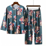 Naiste puuvillane siidist pidžaamakomplekt: Pikkade varrukatega topp ja p&uuml;ksid keskealistele ja eakatele, kevad/suvi. Ideaalne kodu- v&otilde;i &uuml;ler&otilde;ivasteks. 5XL