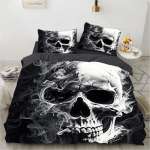 Must Skeleti Voodipesukomplekt Tekikott 3d Kolju Tekikott Gooti Tekikott &Uuml;heinimesevoodi Kuninganna Kuningas &Uuml;hekohaline Suurus Halloween AU Double 180x210cm