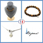 Pierres et Min&eacute;raux. Parure bijoux Bracelet Collier 10 Perles Oeil de Tigre 10 mm. Chaine Taille personnalisable.