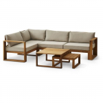 Salon de jardin d'angle modulable LEVATA OTTOMAN - Bois d'acacia FSC - 6 personnes - Gris de lin + Housse incluse