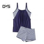 2 tk/komplekt Naiste ujumistrikoo triibuline vest rinnapatjadega Elastsed v&ouml;&ouml;koha l&uuml;hikesed p&uuml;ksid, kuumaveeallika ujumiskost&uuml;&uuml;m Kiiresti kuivav suvine rannariided M tumesinine v&auml;rv