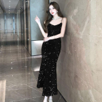 Naised Prantsuse Seksikad Suspenderid Litrid Sametine Kleit Punane Must Peokleit &Otilde;htu Elegantsed Pikad Kleidid S must