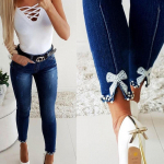 Moodsad Skinny teksad naistele Suvised vabaaja p&uuml;ksid P&uuml;ksid Daamidele Vintage k&otilde;rge v&ouml;&ouml;kohaga teksad Naiste pleegitatud naiste pliiatsp&uuml;ksid L tumesinine v&auml;rv