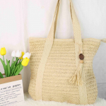 Rohust kootud rannakott Kootud &uuml;hev&auml;rviline kootud kott Mitmek&uuml;lgne suure mahutavusega &otilde;lakott Puhkuse naiste kott Laia &auml;&auml;risega tuttidega rippuv dekoratsioon beež