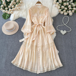 Pitsiline puhvis pikk kleit &Uuml;hev&auml;rviline Korea mood &Uuml;he n&ouml;&ouml;pidega Elegantne Retro S&uuml;gisene pikk kleit Volangide ja kikilipsuga Naiste kleit One Size aprikoosi