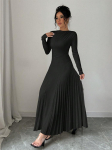 S&uuml;gis Talv Lihtne &Uuml;hev&auml;rviline Kootud Kleit Naised O-kaelus Pikkade Varrukatega Plisseeritud Kontorikleidid Elegantne Slim Robe Kleit L must