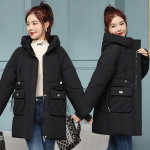 Naiste talvine keskmise pikkusega Korea versioon lahtisest soojast jakist, temperament kapuutsiga mantlist 3XL must