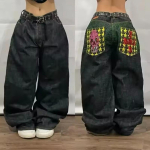 RogueWave Y2K Trendikad Retro Klassikalised Tasku Kolju Mustriga Sirged Denim P&uuml;ksid Ameerika Gotiku Pesitud Laiad Denim P&uuml;ksid M