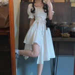 Naiste valge kleit suvine elegantne vintage Kawaii puhv varrukas Midi kleit, kandiline krae sidemega p&auml;ikesekleit, gooti r&otilde;ivad S valge