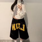 FlowStreet Kvaliteetsed Kirjatr&uuml;kiga Jortsid Naistele Must Gooti Y2k Kottis Denim Jortsid Retro Hip Hop Laiad L&uuml;hikesed teksap&uuml;ksid Streetwear S must