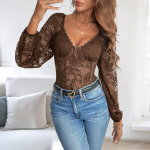 Naistepitsiline V-kaelusega Bodysuit K&otilde;rge elastsusega &Otilde;huke Kangas Pikkade Varrukatega Tihe Jumpsuit Meresinine Must Burgundiapunane Beež Kohvipruun Lilla Small caf&eacute;