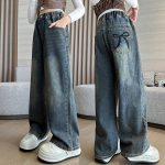 Kevad S&uuml;gis T&uuml;druk Tasku Vibu Tikandiga Teksad Teismeliste Laste Laiade S&auml;&auml;rtega Denim P&uuml;ksid Lastele Vabad P&uuml;ksid 160cm gray