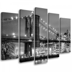 Viieosalise pildiga l&otilde;uendiprint Manhattan Bridge New York 100x70 valge/must