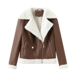 Naiste kunstnahast jope Fliisvoodriga soojad pikad varrukad Slim Fit l&uuml;hike mantel Stiilne k&auml;rbitud rev&auml;&auml;riga krae t&otilde;mblukk Bomber vabaaja mustad &uuml;ler&otilde;ivad 2XL pruun