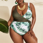 Suures suuruses bikiinid &uuml;hes t&uuml;kis naiste ujumistrikoo. Patchwork Push Up ujumisriided Kvaliteetsed naiste Monokini Leaves Print Bodysuit ranna&uuml;likond 0XL roheline