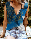 Naiste tankid Seksikad V-kaelusega varrukateta suvetopid, vest, 3D-prindiga kuldsed lillelised topid XS sinine