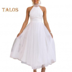 Naiste &otilde;htukleit pits-k&otilde;rge krae p&auml;itsetega kael seljata &otilde;lgadeta varrukateta mitmekihiline v&otilde;rk&auml;&auml;r &uuml;hev&auml;rviline A-kujuline pruutneitsi ballipidu S valge