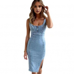 Naiste suvine teksakleit Madala l&otilde;ikega U-kaelusega, seljata, varrukateta t&otilde;mblukuga, &otilde;huke istuvus, l&otilde;hestatud pool-retro mantliga Midi-kleit M sinine