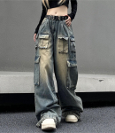 Mitme taskuga Streetwear Cargo p&uuml;ksid naiste s&uuml;gistalv laia s&auml;&auml;rega pestavad &uuml;lisuured teksad naiste Y2k kottis teksap&uuml;ksid S