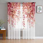 Akvarelltaim Eukal&uuml;pti lehed Punased valged l&auml;bipaistvad kardinad elutoa sisekujunduseks Aknakardinad K&ouml;&ouml;k t&uuml;ll Voile kardinad W135 x H115cm x1