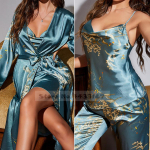 Naiste 4-osaline pidžaamap&uuml;kste komplekt tr&uuml;kitud Sakura pidžaama kimono hommikumantli pidžaama lahtised satiinist salongir&otilde;ivad pidžaama L