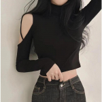 Seksikas &otilde;lgadeta naiste topp pikkade varrukatega, &otilde;&otilde;nsa ja k&otilde;rge kaelusega aluskate l&uuml;hike T-s&auml;rk Slim Fit S must