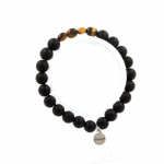 Pierres et Min&eacute;raux. Bracelet Oeil de Tigre d' Afrique du Sud + Perles Onyx noir mat 8 mm. Fabriqu&eacute; en France.