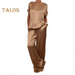 2 tk/komplekt Naiste &uuml;laosa p&uuml;kste komplekt satiinist &uuml;mmarguse kaelusega poolvarrukatega pluus Laia s&auml;&auml;rega elastsed v&ouml;&ouml;kohaga p&uuml;ksid taskutega. Igap&auml;evane vaba aeg avar riietus XL